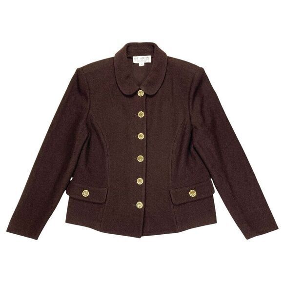 St. John 2 Pc Skirt Jacket Set Women 12 Brown Gold Button Luxury Elegant Dressy - Picture 4 of 15